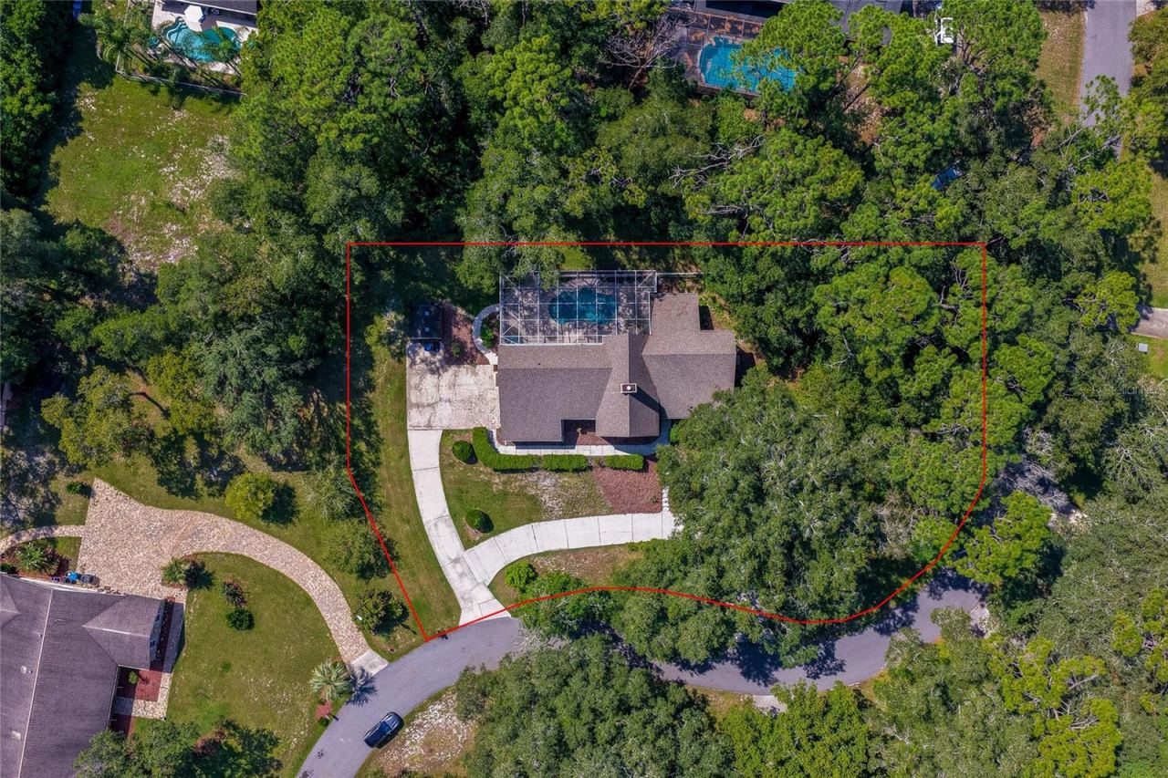 Photo 4 of 20: Direct overhead aerial view outlining the home's generous lot boundary surrounded by dense tree cover, a curved driveway, and a private pool enclosure.