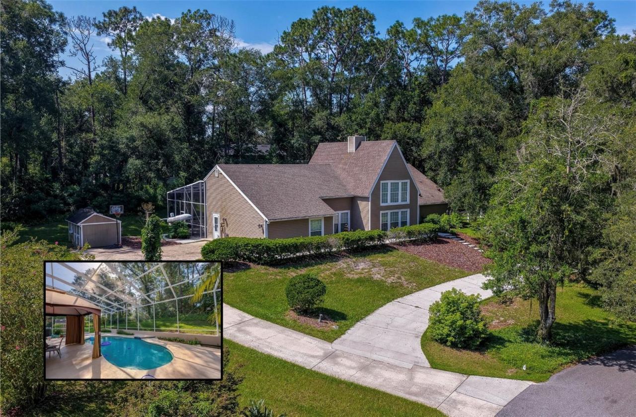 Photo 1 of 20: Impressive aerial view showcasing the home’s spacious setting surrounded by mature trees, circular driveway, and screened-in pool. Inset highlights the inviting pool and expansive screened enclosure
