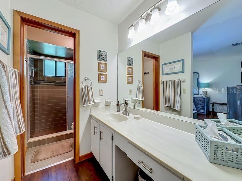 Photo 19 of 20: Primary Bathroom. Extended single vanity -full wall mirror-Walk in tile shower-with window and glass enclosure