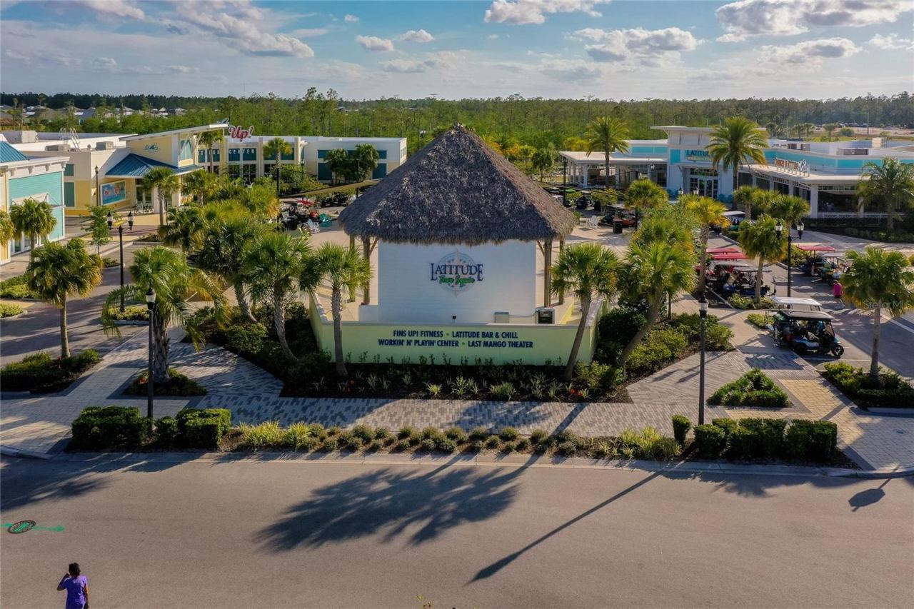 Photo 4 of 20: Eye-level drone shot of the Latitude Town Square entrance, featuring palm trees, a thatched-roof pavilion, and pathways leading to local recreational centers.