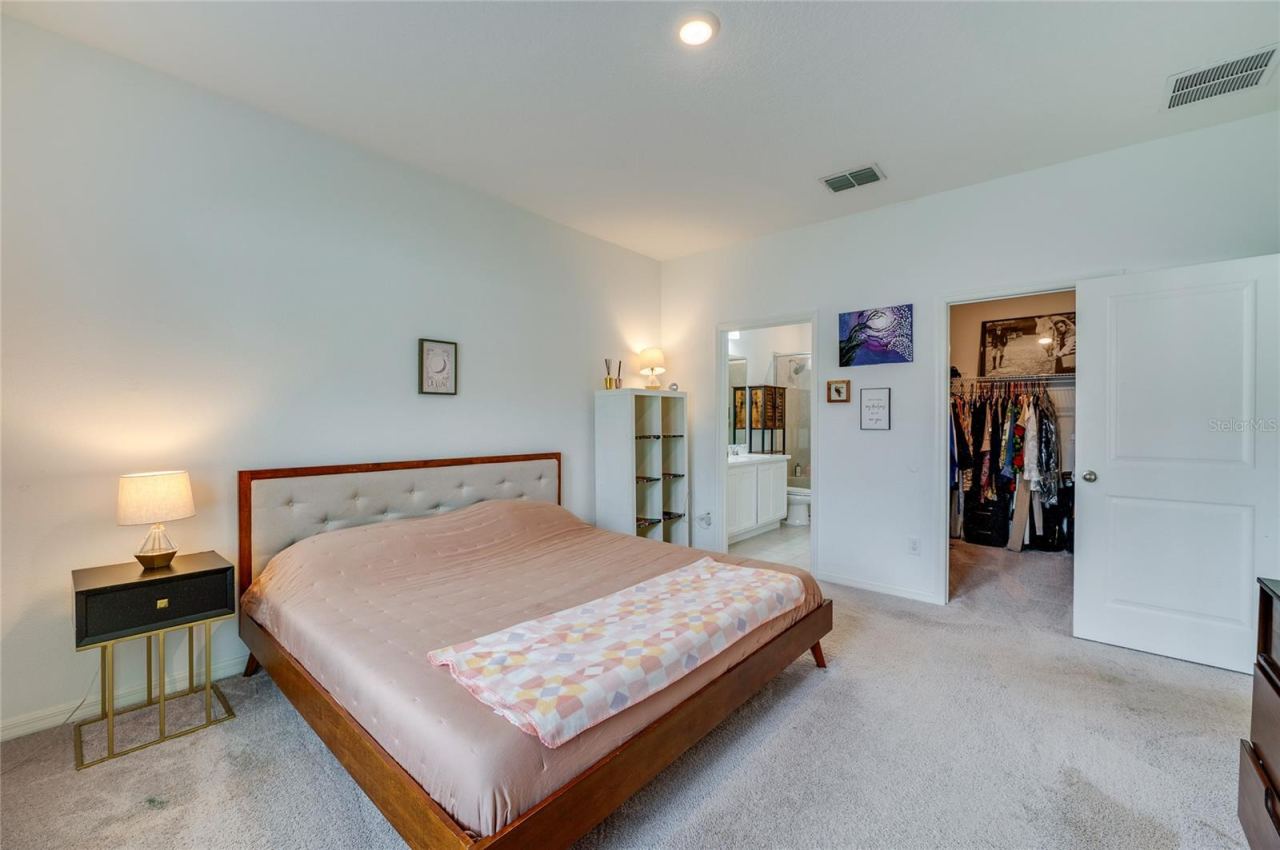 Photo 19 of 20: Alternative view of the expansive primary suite highlighting the open doorway to the master bathroom and a secondary entrance leading into a generous walk-in closet.