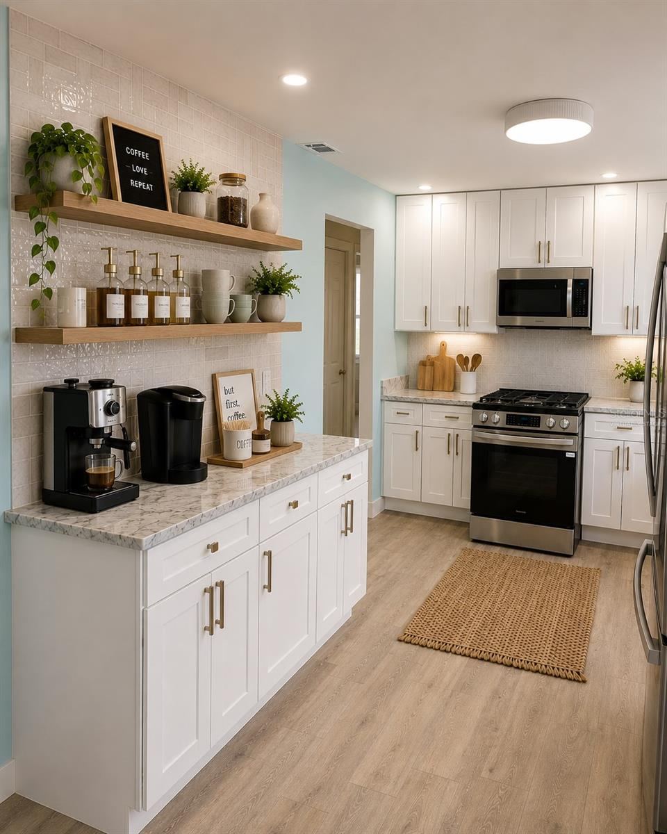 Photo 12 of 20: Virtually Staged. Kitchen View to show the coffee bar with tile to the ceiling and shelves in perfect place for all your condiments