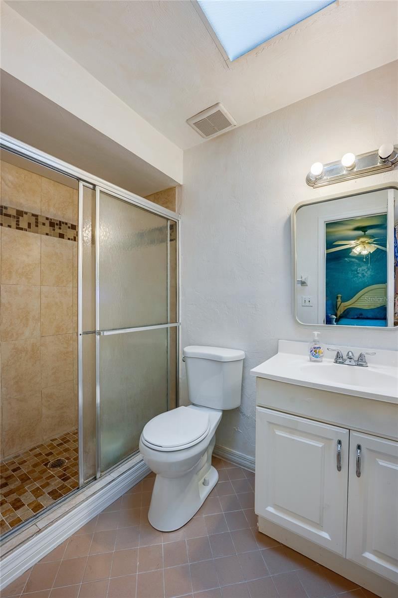 Photo 14 of 20: Ensuite bathroom featuring a walk-in shower with tiled surround and glass sliding doors, paired with a white vanity and skylight overhead.