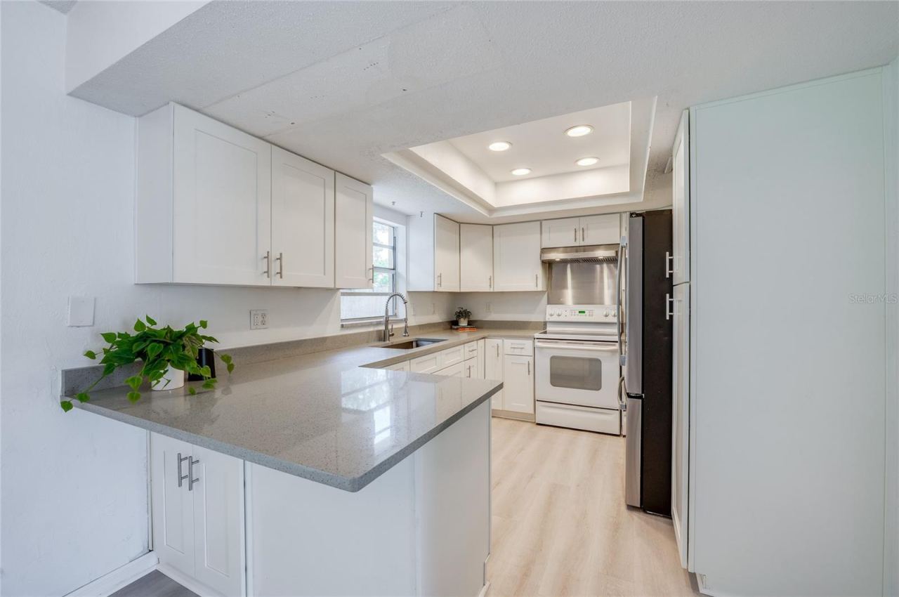 Photo 13 of 20: Modernized kitchen featuring sleek white cabinetry, quartz countertops, and an elevated recessed ceiling with built-in lighting. Stainless steel appliances and a breakfast bar peninsula complete the functional layout.