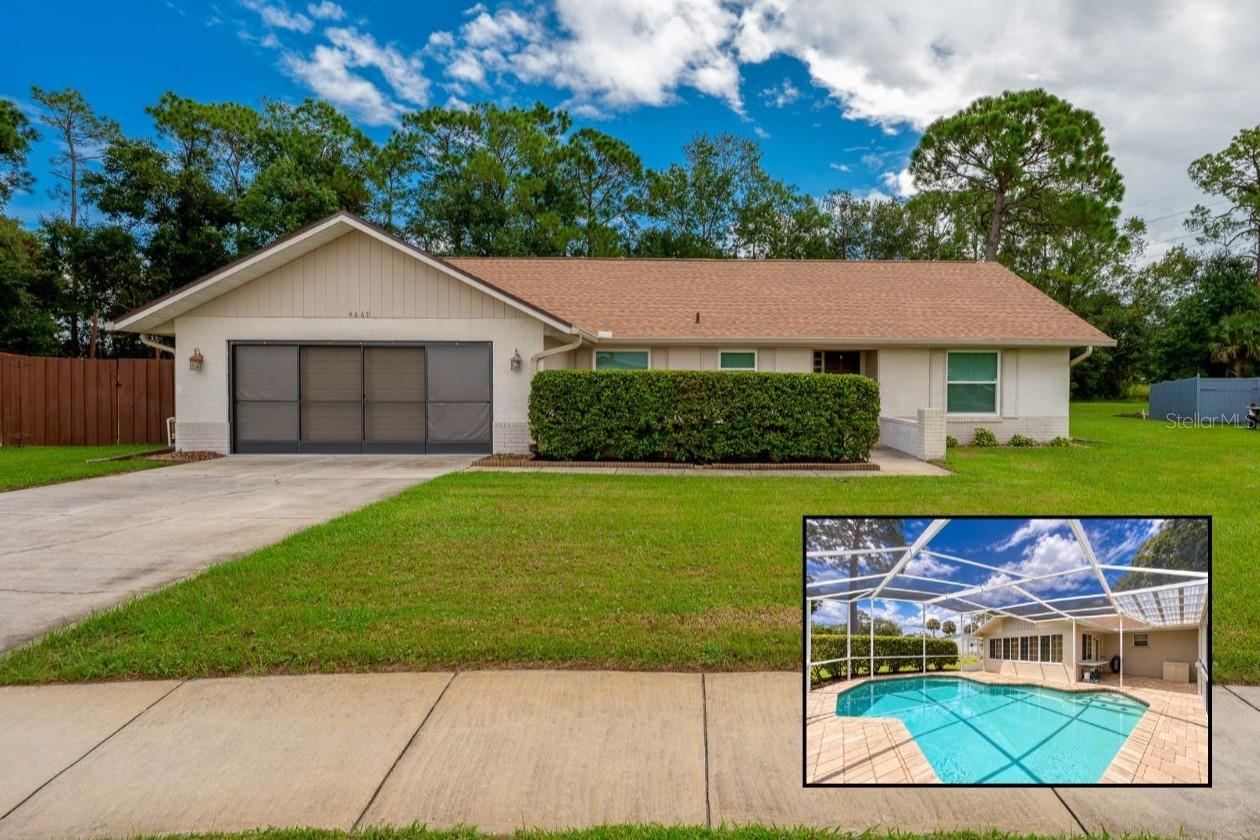 Photo 1 of 20: Single-story home with an attached two-car garage, spacious driveway, mature landscaping, and a well-maintained lawn, with an inset view showcasing the screened-in swimming pool and outdoor living area.